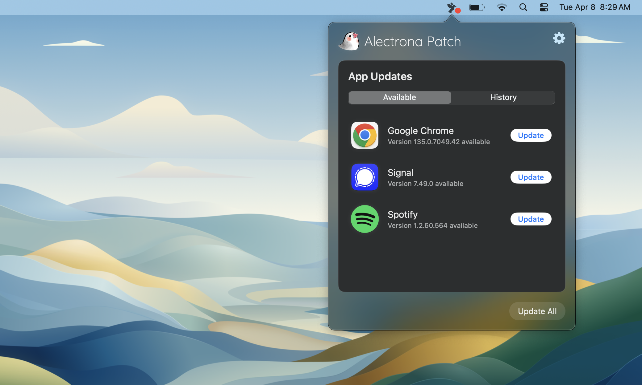 Menu Bar App with Default Styling Dark