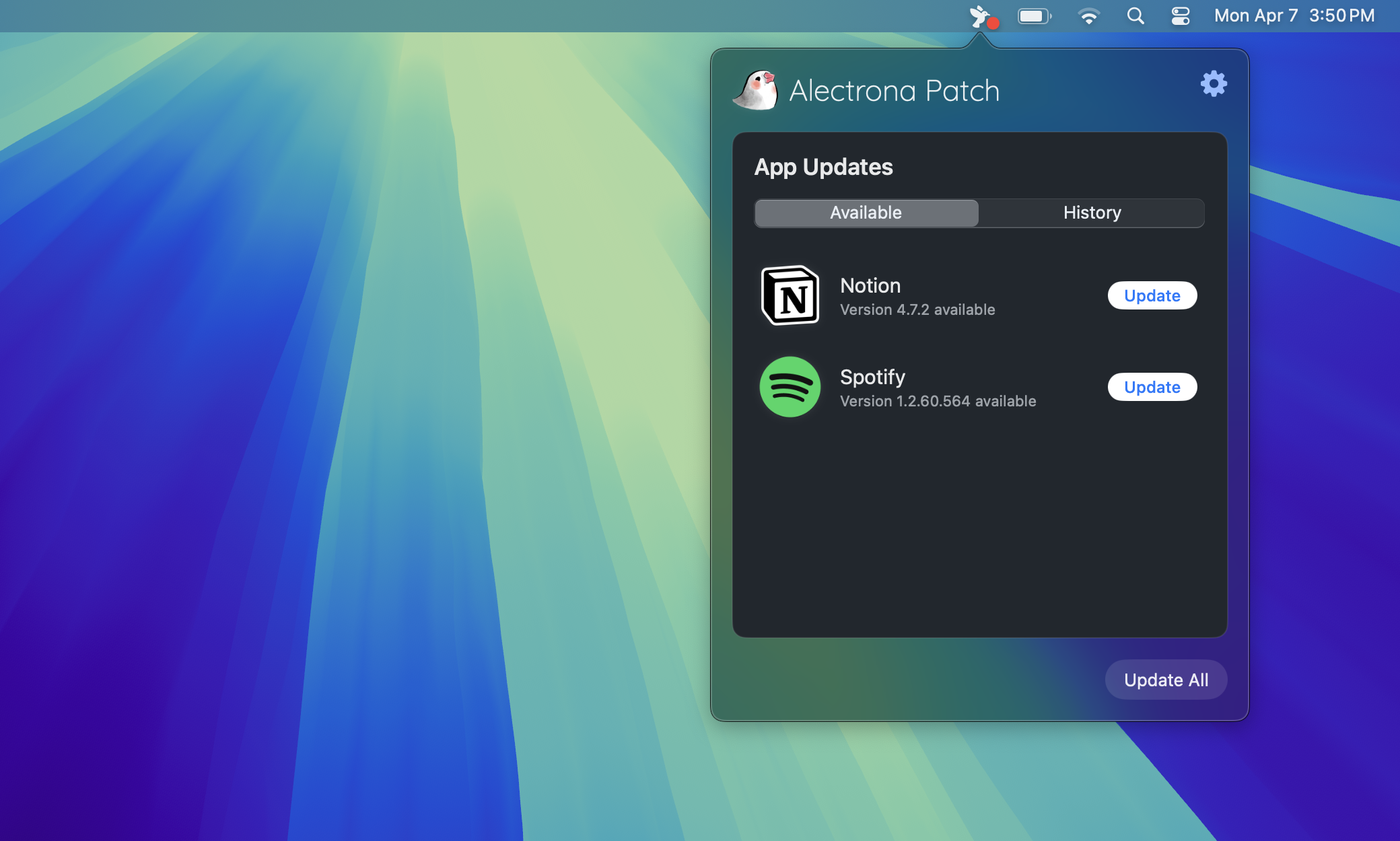Menu Bar App Default Style Dark