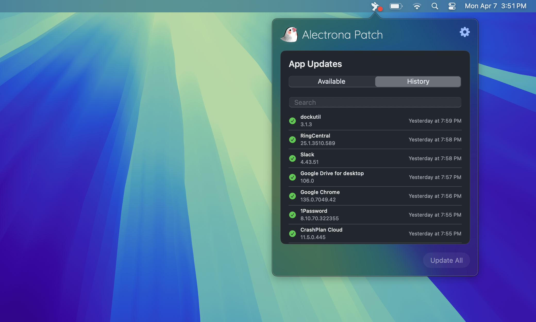 Menu Bar App History Light