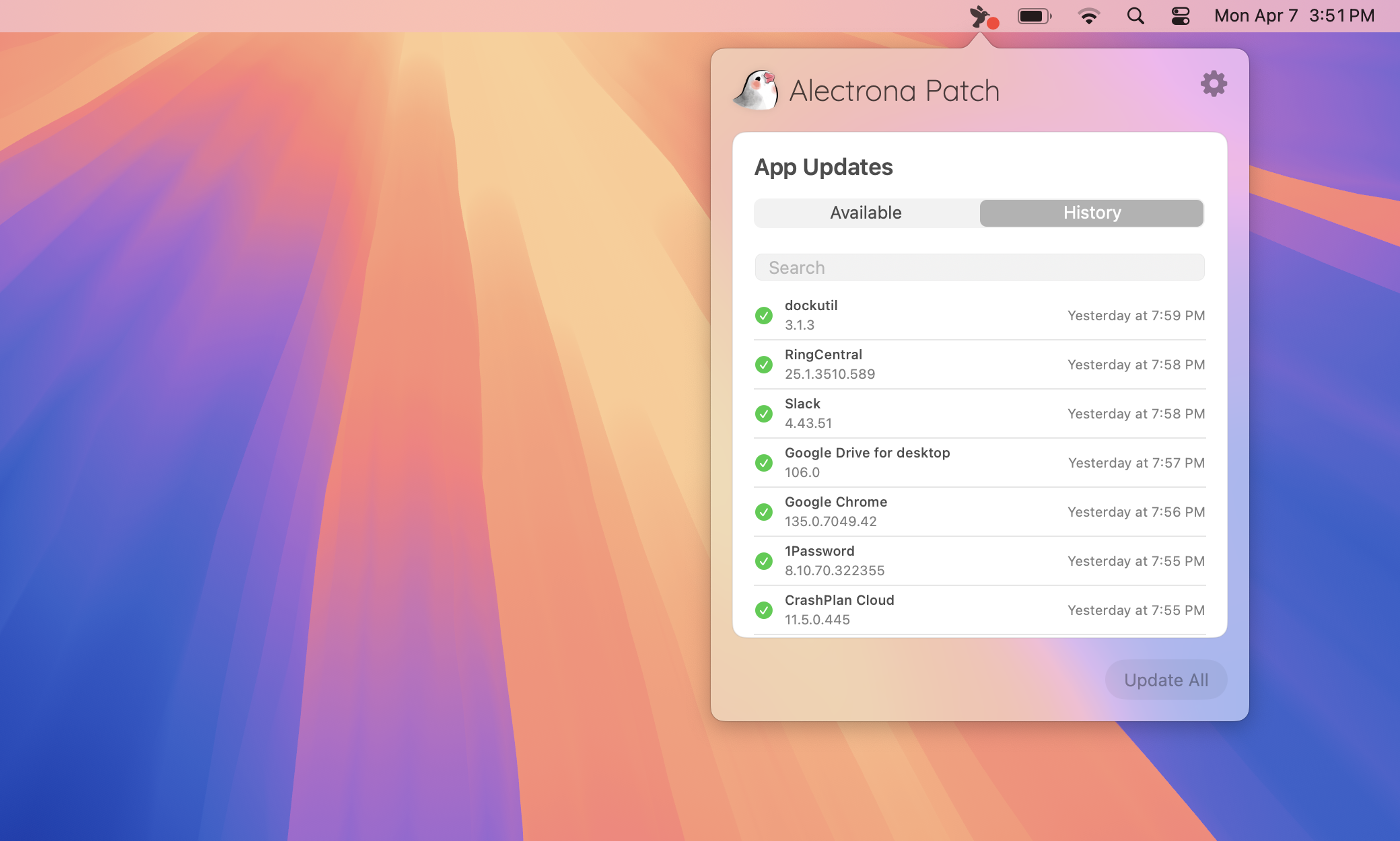 Menu Bar App History Light